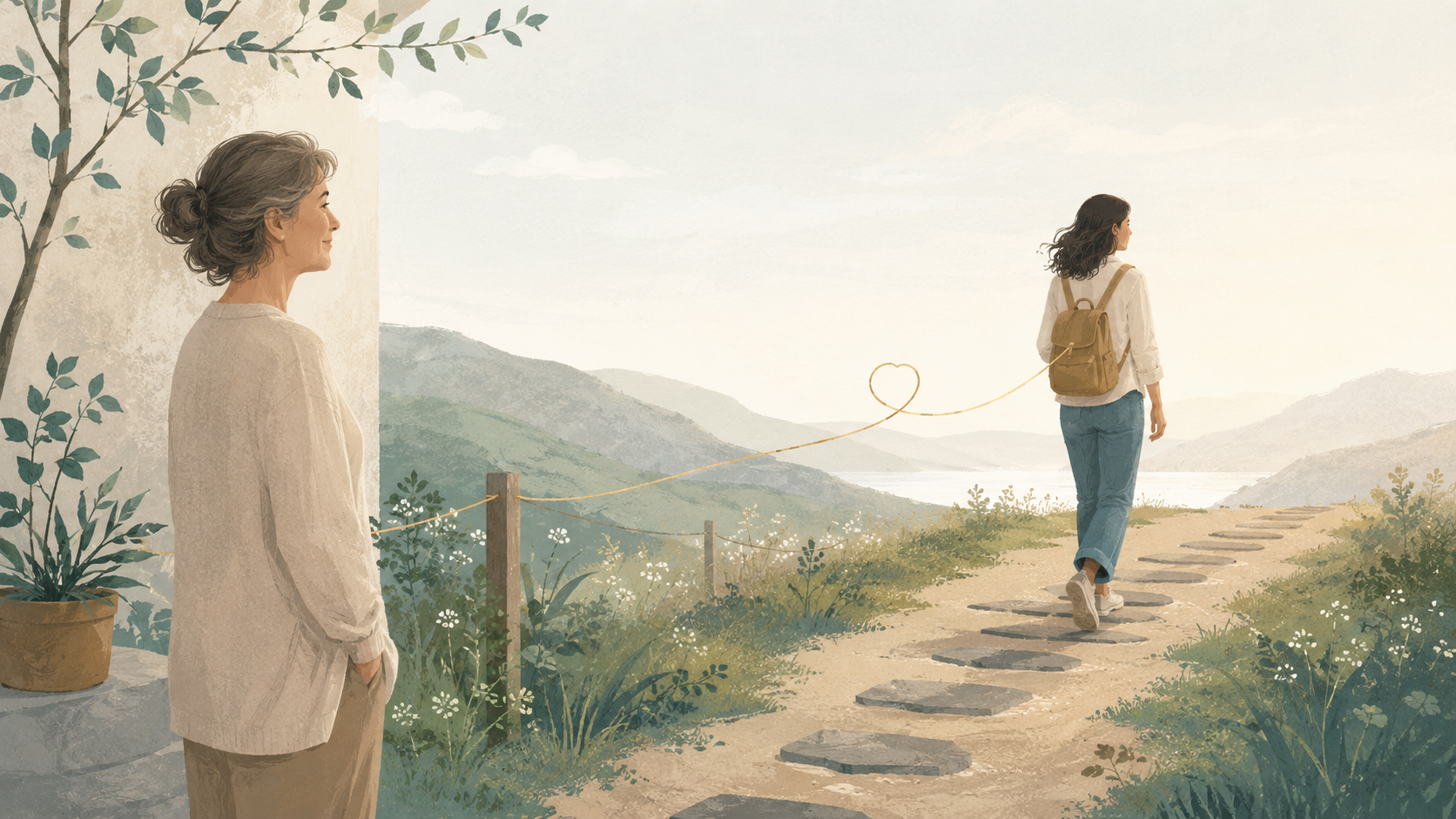 An older woman watches a younger woman walk a path ahead, a heart-shaped thread connecting them