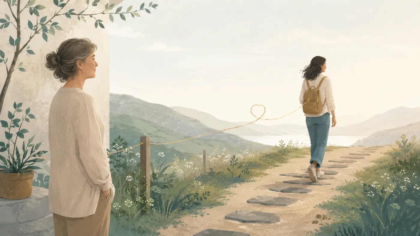 An older woman watches a younger woman walk a path ahead, a heart-shaped thread connecting them